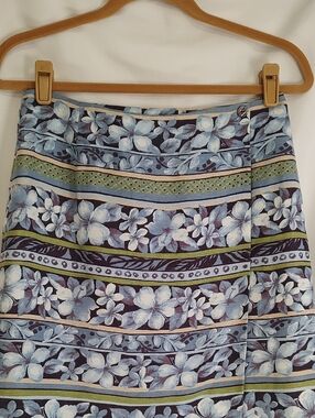 Blue Floral A-Line Skirt with Green Stripe Detail